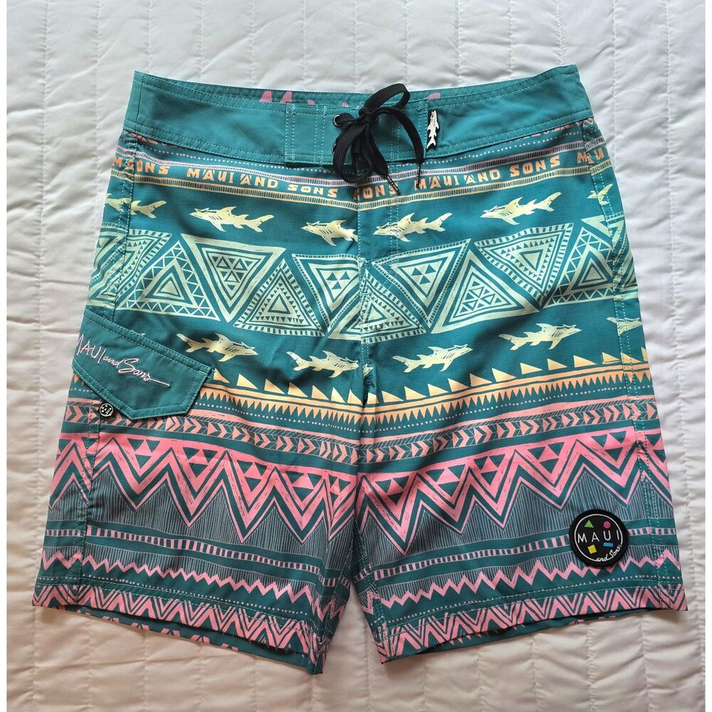 Maui and Sons Board Shorts Mens Size 32 Teal Pink Tribal Swim Trunks Surf Beach
